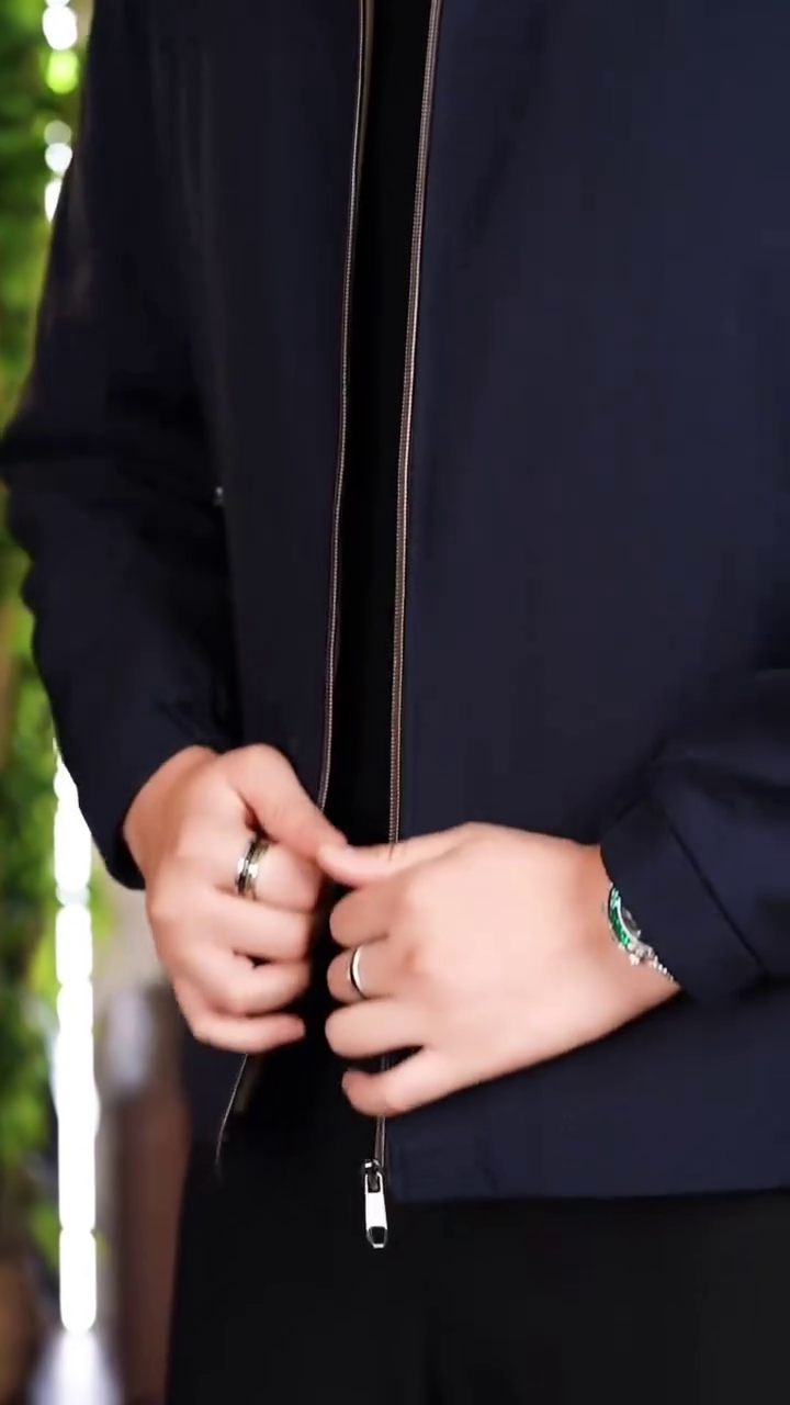 Men's Classic Navy Blue Band Collar Zip Jacket