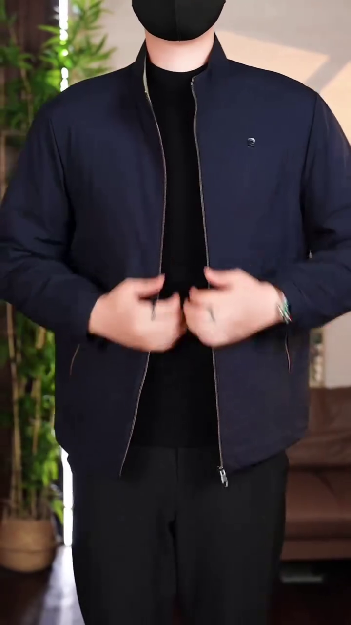 Men's Classic Navy Blue Band Collar Zip Jacket