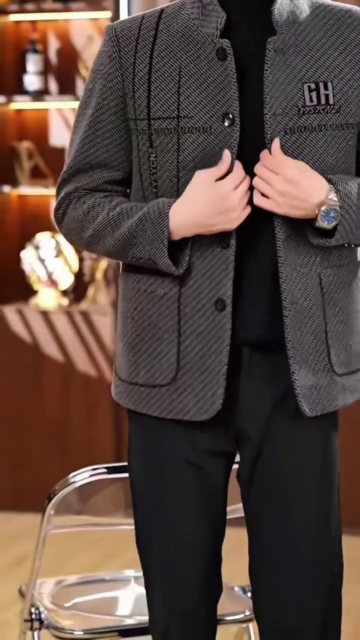 Men's Grey Herringbone Plaid Stand Collar Jacket