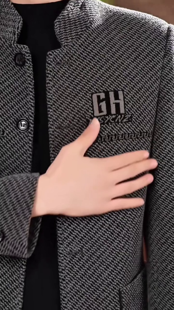 Men's Grey Herringbone Plaid Stand Collar Jacket