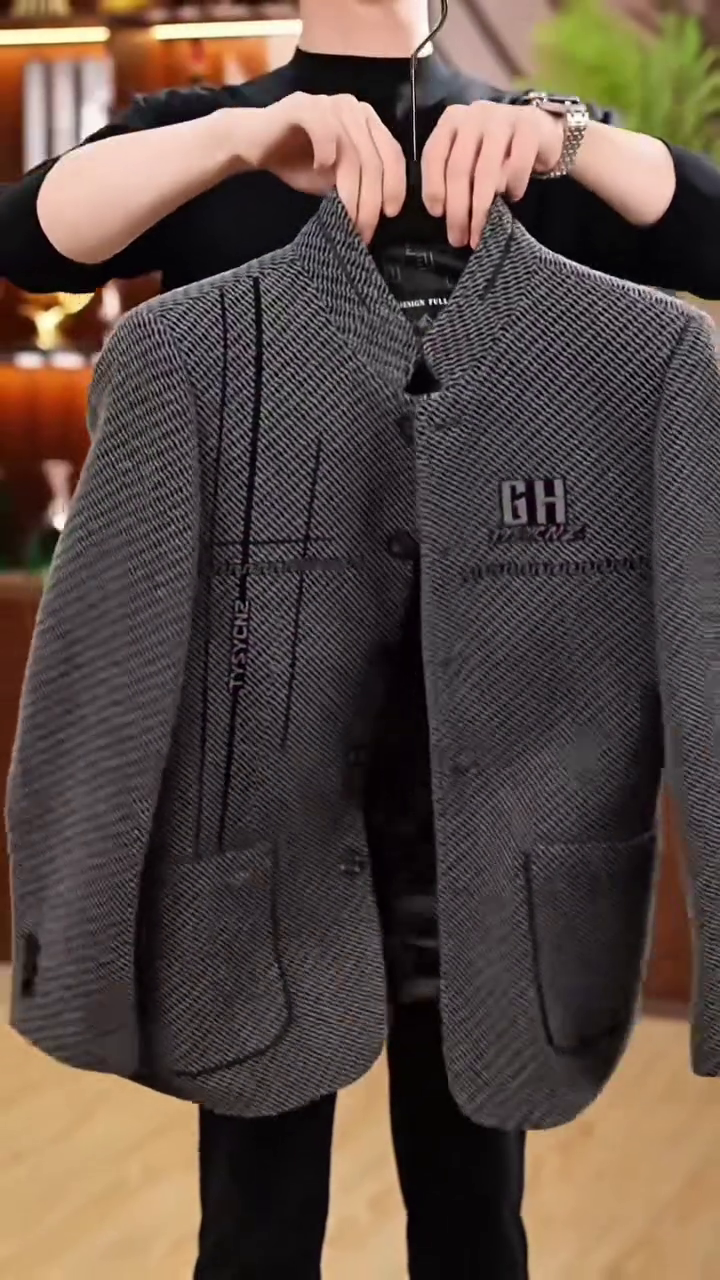 Men's Grey Herringbone Plaid Stand Collar Jacket