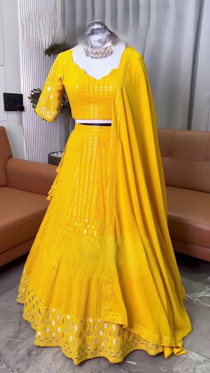Yellow Color Designer Embroidery & Mirror Work Lehenga Choli For Haldi Function - Image 2
