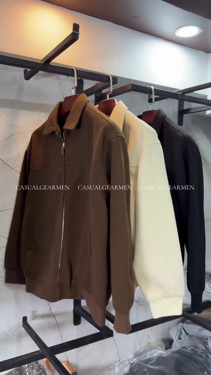 Men's Cream Textured Bomber Jacket - Classic Collared Zip-Up - Image 4