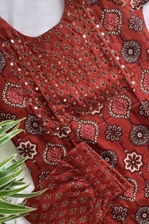 Neerus Maroon Printed Anarkali Kurta & Trousers with Dupatta – Regal Elegance for Timeless Style