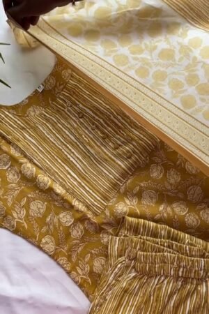 Panna Mustard Sequins, Threadwork & Floral Printed Cotton Unstitched Salwar Suit with Cotton Dupatta – Elegant Ethnic Craft in Every Detail