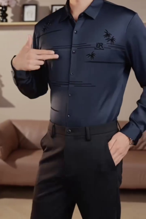 Men’s Navy Blue Designer Formal Shirt with Embroidered Detailing