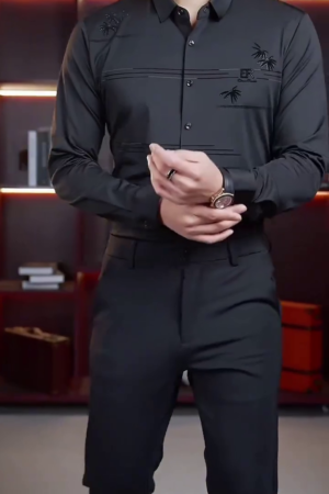 Men’s Charcoal Grey Designer Formal Shirt with Embroidered Accents