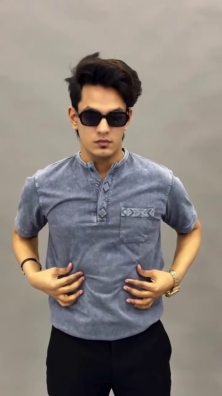 Mandarin Collar Roll-Up Sleeves Cotton Denim Straight Kurta - Image 3