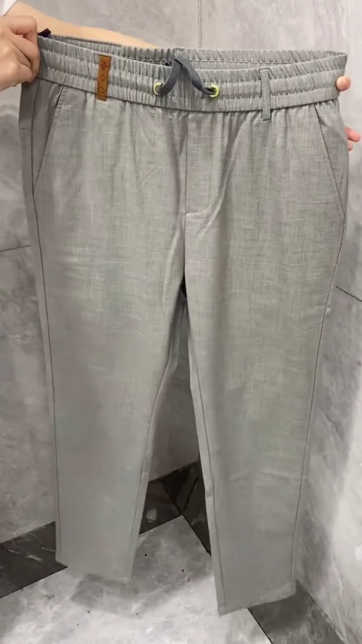 Men’s Grey Formal Stretch Trousers with Leather Accent Pockets - Image 2