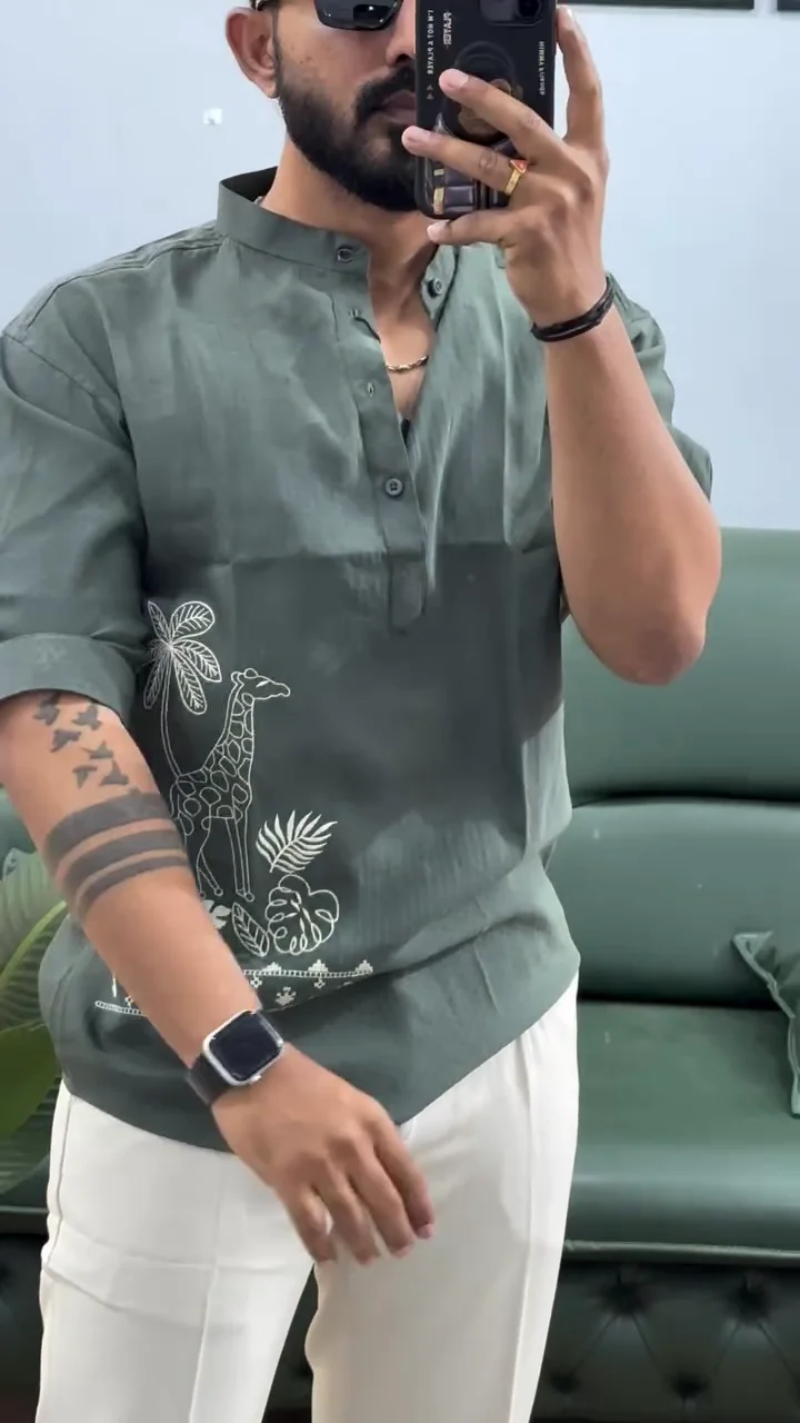 Men’s Printed Cotton Blend Short Kurta | Regular Fit Casual Kurta Shirt for Men with Mandarin Collar - Image 9