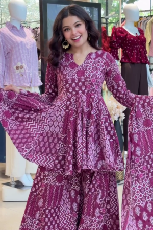 Elegant Women’s Printed Sharara Suit Set with Dupatta