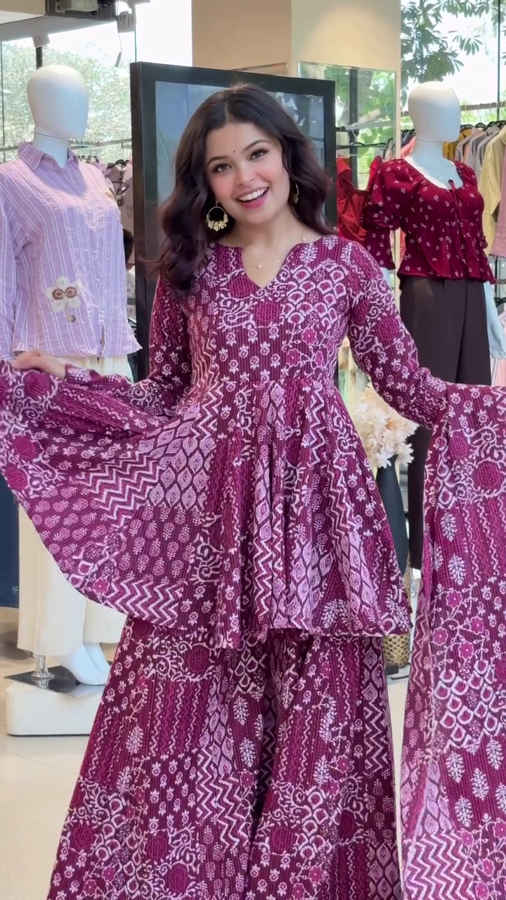 Elegant Women’s Printed Sharara Suit Set with Dupatta