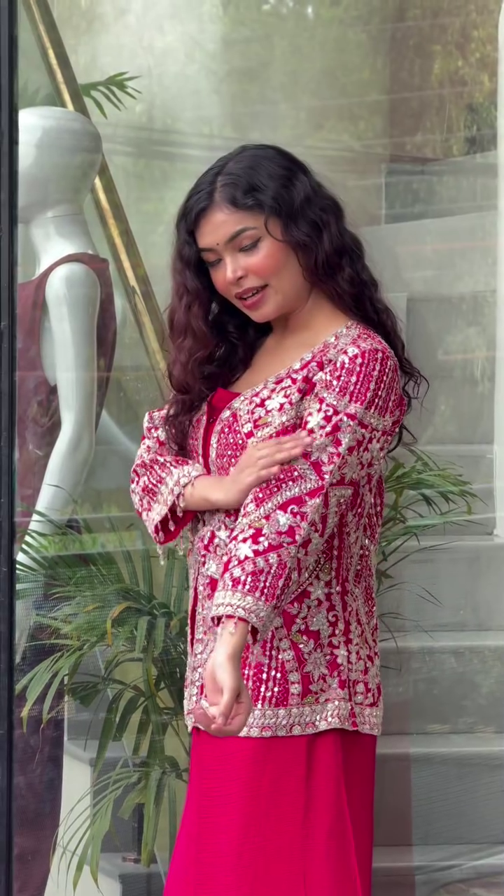 Elegant Women’s Red Top Palazzo Set with Embroidered Work - Image 2