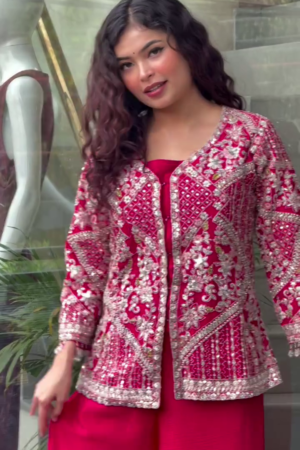 Elegant Women’s Red Top Palazzo Set with Embroidered Work