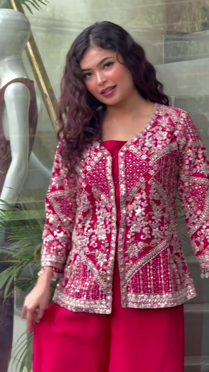 Elegant Women’s Red Top Palazzo Set with Embroidered Work