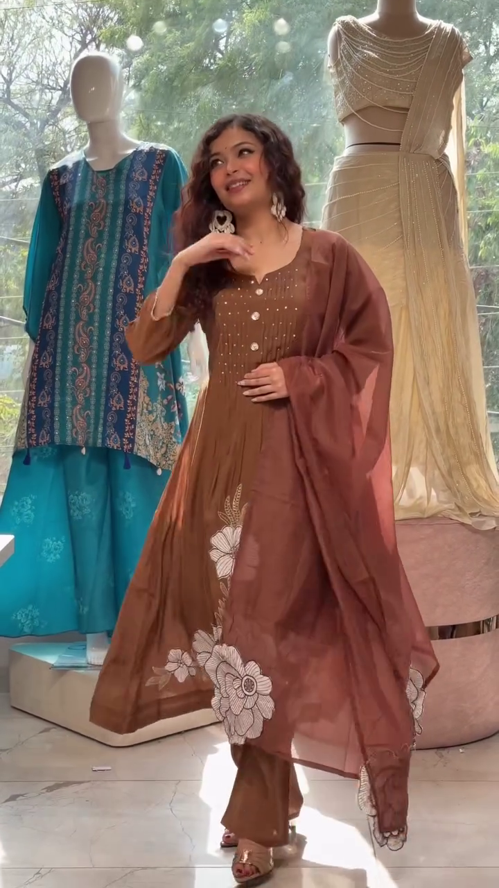 Elegant Women’s Brown Kurta Set with Dupatta