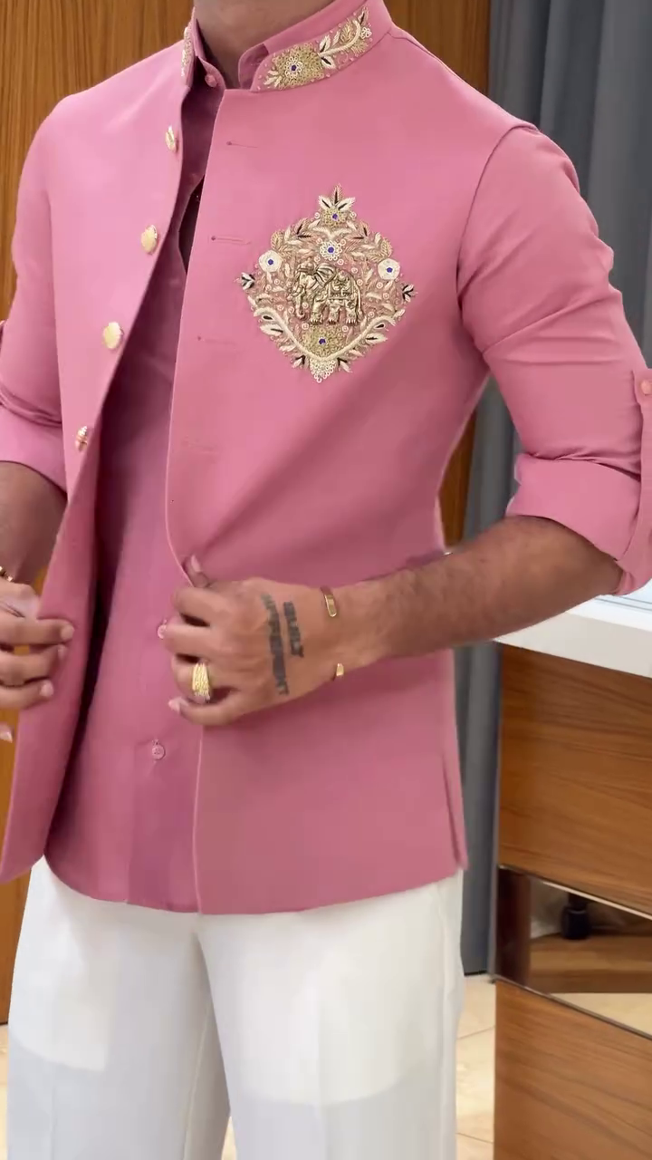Men's Pink Full Sleeve Shirt with Blazer - Image 5