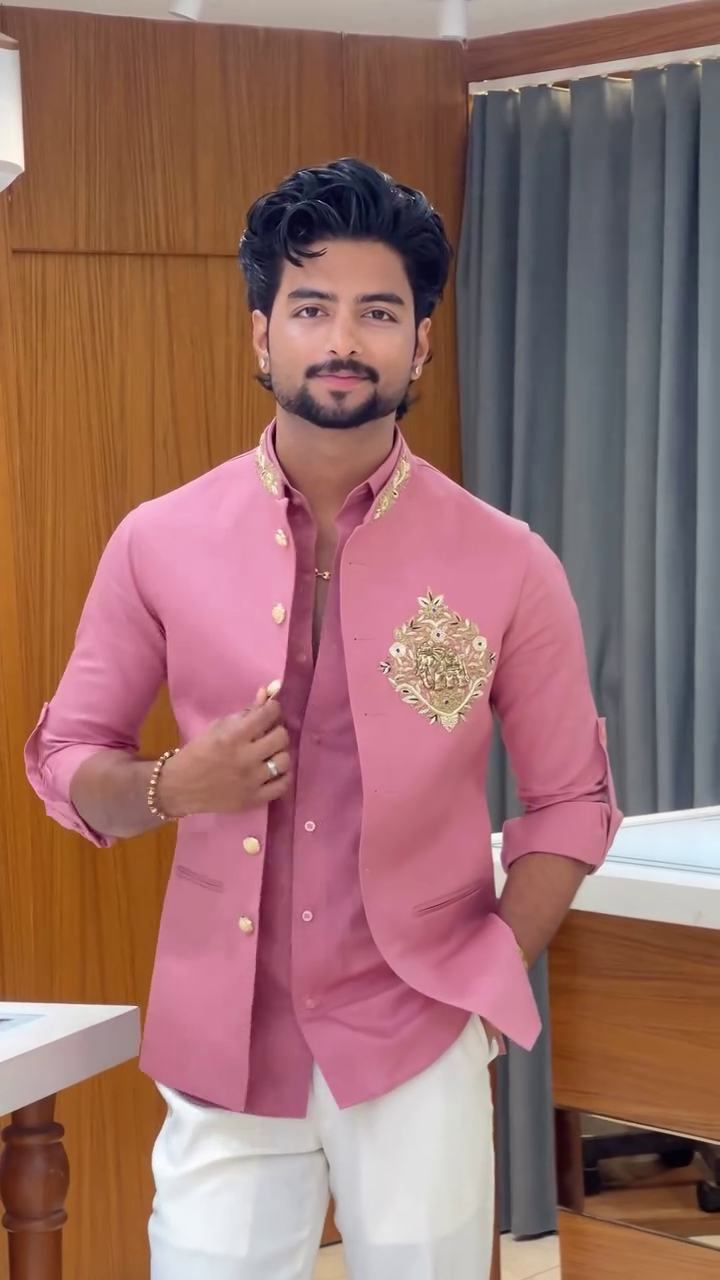 Men's Pink Full Sleeve Shirt with Blazer - Image 3