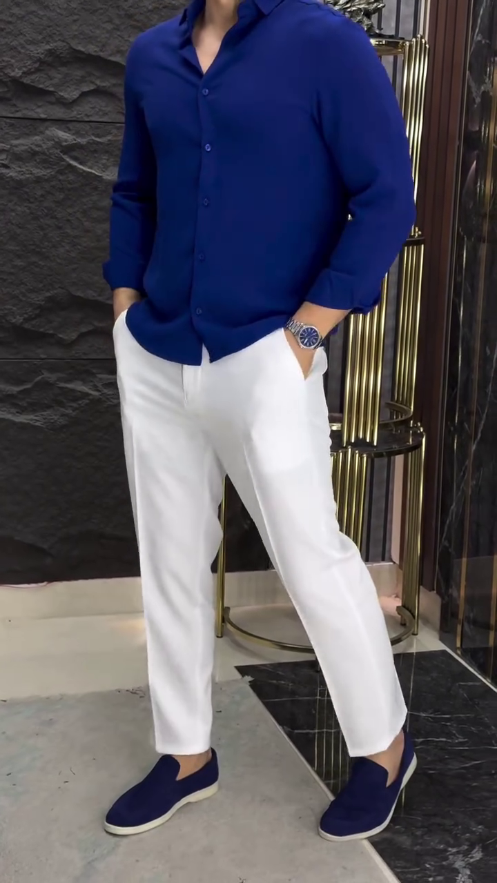 Men’s Formal Blue Plain Shirt with White Pants